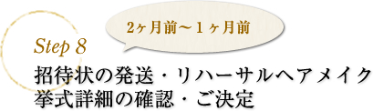 step7 招待状の発送・リハーサルヘアメイク　挙式詳細の確認・ご決定　2ヶ月前～1ヶ月前